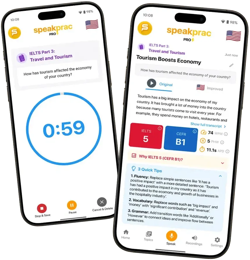 SpeakPrac app interface shown on two mobile phones with feedback analysis